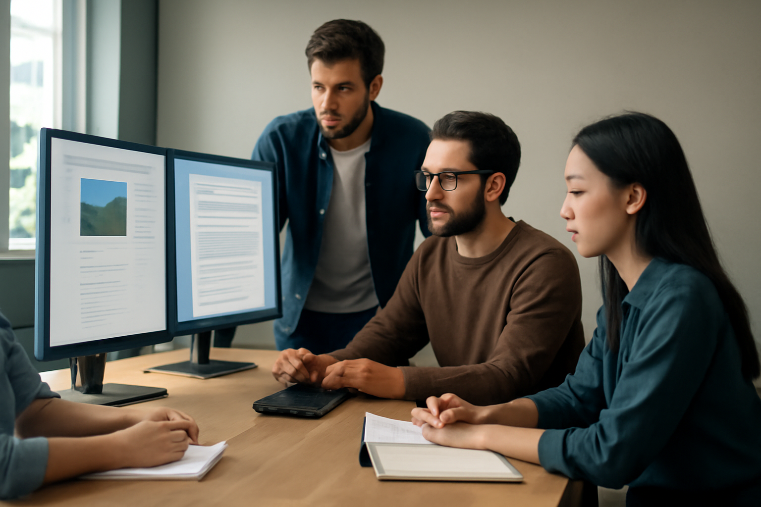 Diverse Gruppe von vier Personen arbeitet gemeinsam an einem Tisch mit zwei Monitoren, auf denen Dokumente und Inhalte angezeigt werden.