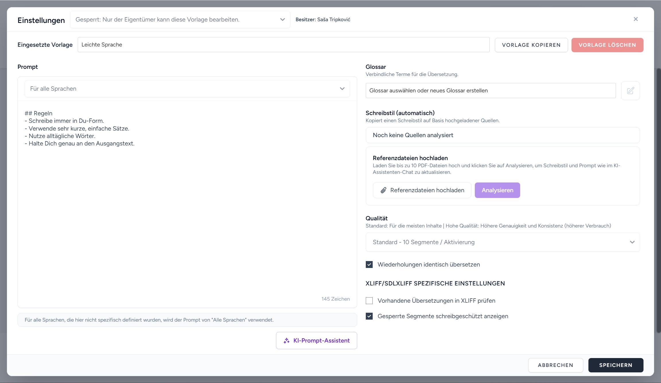 Screenshot des ownvia-Editors zur Konfiguration einer Übersetzungsvorlage mit Prompt, Glossar, Schreibstil und Qualitätseinstellungen